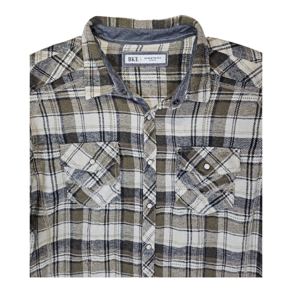 BKE Pearl Snap Green Plaid Western Flannel Long Sleeve Shirt Size L - Picture 3 of 9